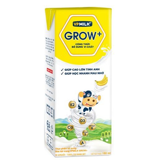 Thùng sữa tiệt trùng có đường VPMilk Grow+ trắng, chuối, dâu cho trẻ từ 1 tuổi trở lên (110ml và 180ml)