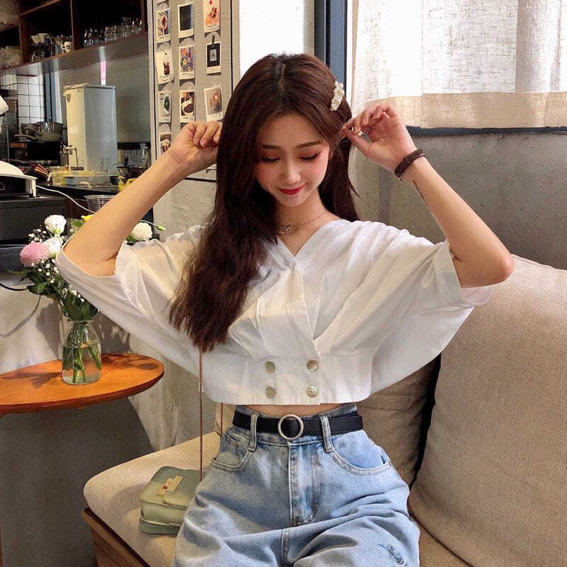 Áo Sơ Mi BH Trắng Cổ Chữ v Thời Trang Dành Cho Nữ