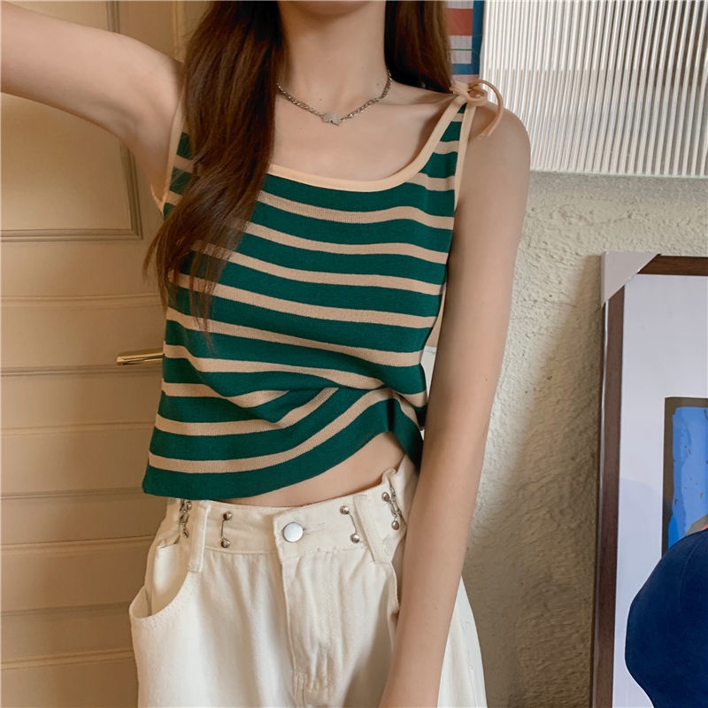 Áo hai dây dệt kim họa tiết kẻ sọc thiết kế mới thời trang mùa hè dành cho nữ