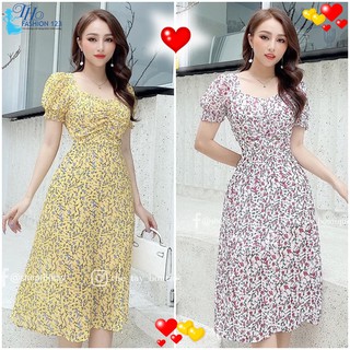 Đầm hoa tay ngắn cổ nhún váy nữ dự tiệc công sở dạo phố TH301