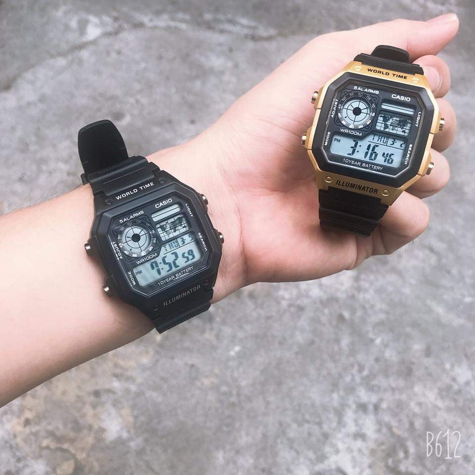 ĐỒNG HỒ NAM NỮ CASIO AE1200 WHD Dây Cao Su chống nước tốt mặt vuông đủ màu