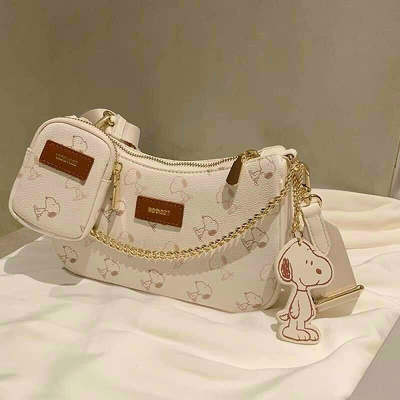 Túi Xách Nữ - Túi Đeo Chéo Snoopy In Họa Tiết Tặng Kèm Túi Nhỏ Và Móc Cheo Chó, Có Dây Xích Đeo Kẹp Nách