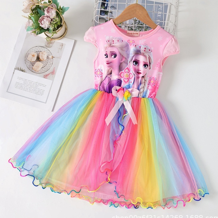 Váy đầm công chúa Elsa xinh xắn với chân váy cầu vồng cho bé 3-8 tuổi