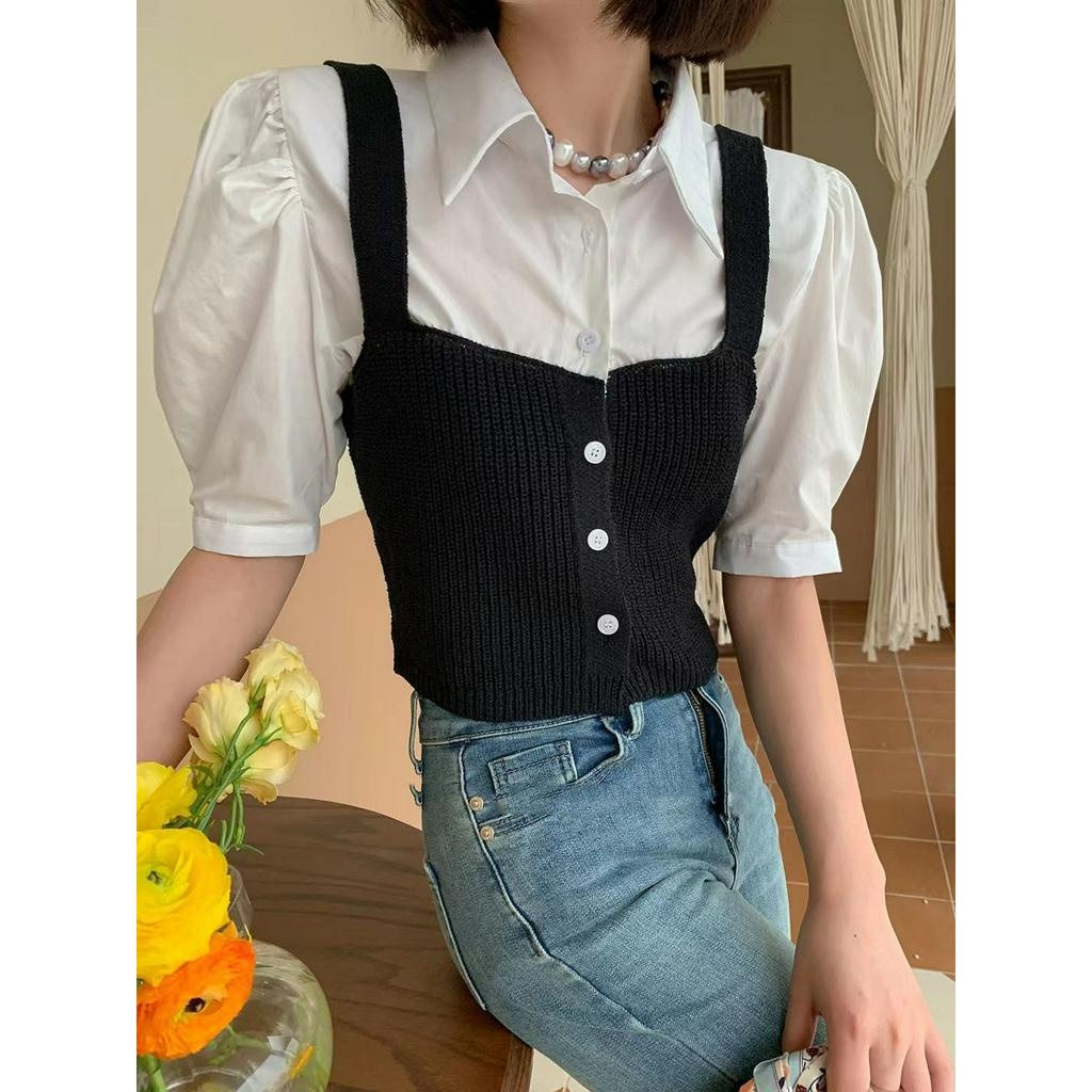 ZHELIHANGFEI Áo Sơ Mi Tay Phồng Giả Hai Lớp Phong Cách Thời Trang Phương Tây Dành Cho Nữ