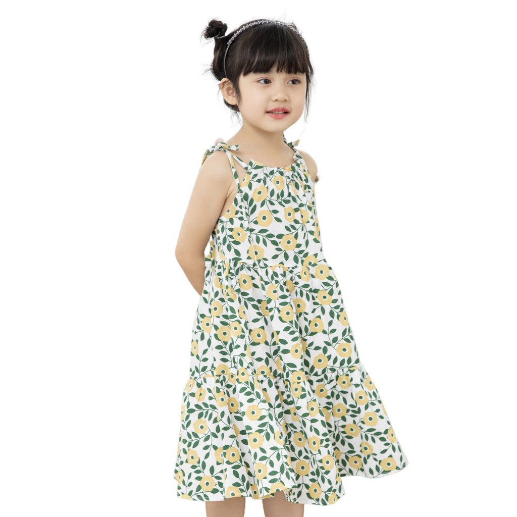 Đầm Bé Gái Hai Dây Vải Đũi Xước Họa Tiết Hoa Hai Màu Xinh Xắn Doris Kids