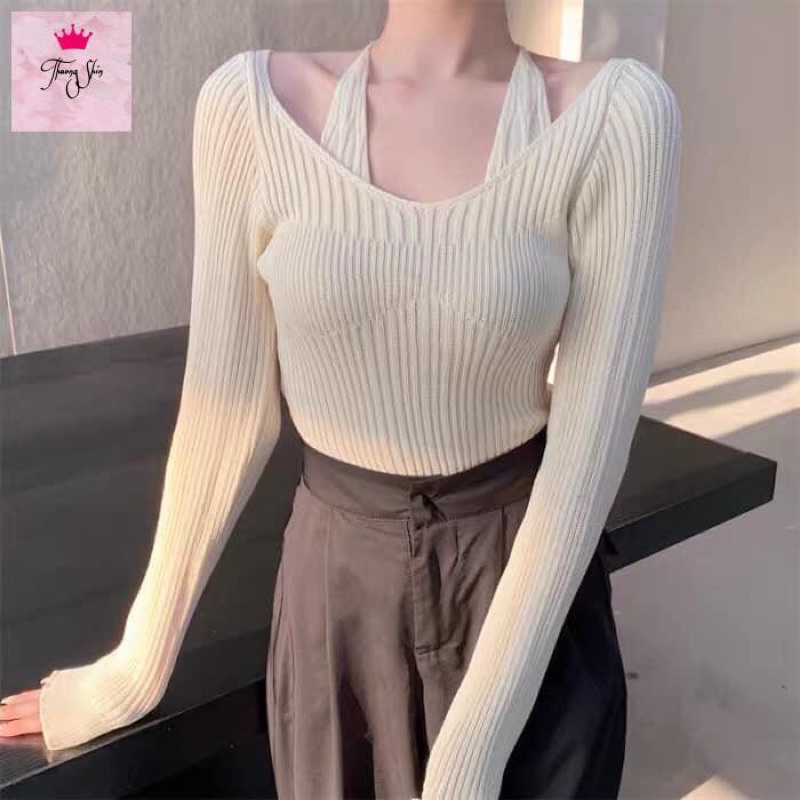 Áo len nữ dài tay cách điệu cổ tim dả 2 lớp dây yếm buộc cổ sexy | WebRaoVat - webraovat.net.vn