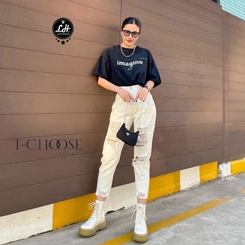 Quần baggy nữ, quần baggy bò trắng rách 2 bên tua rua siêu cá tính cho nàng Lê Huy Fashion MS 244