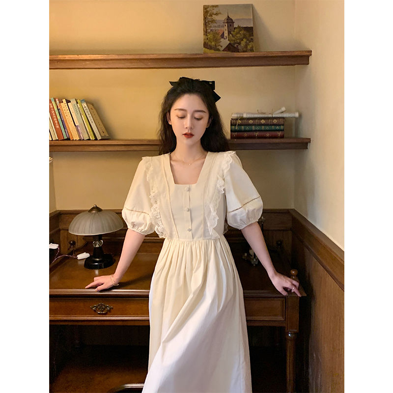 2020Summer New French Style Vintage Court Style Square Collar Dress Women's Bubble Sleeve Fairy First Love White Dress | BigBuy360 - bigbuy360.vn