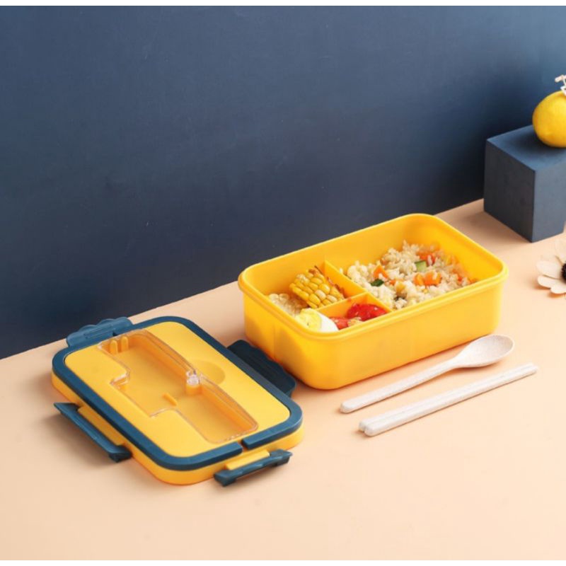 HỘP ĐỰNG CƠM BA NGĂN LÚA MẠCH AN TOÀN CHO SỨC KHỎE KÈM ĐŨA MUỖNG INOX