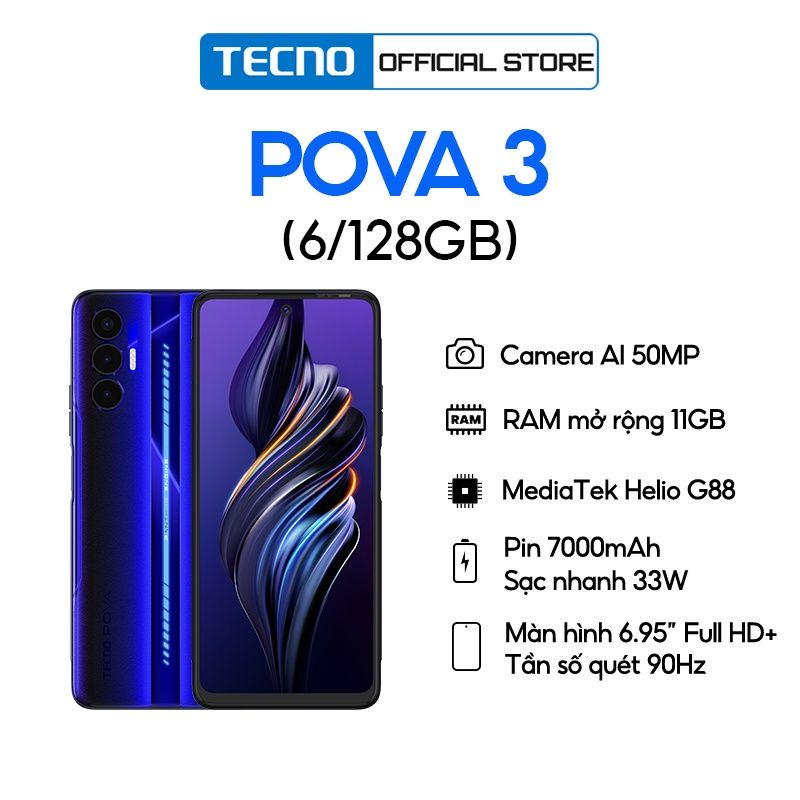 Điện thoại Gaming Tecno POVA 3 /128GB-Helio G88|7000 mAh|Sạc nhanh 33W-Chính hãng