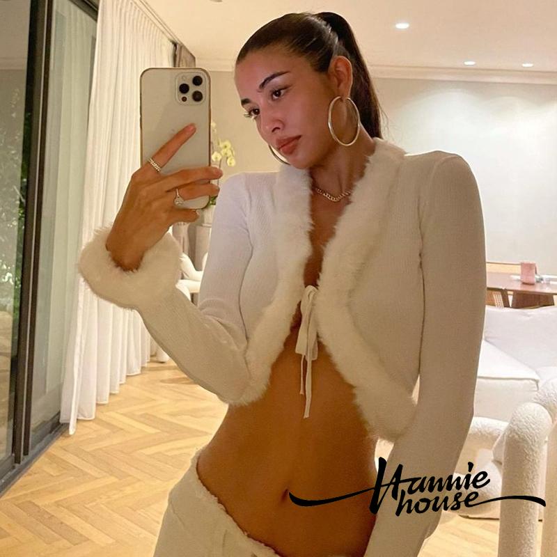 Áo khoác cardigan tay dài cổ chữ V thắt dây phối lông thời trang quyến rũ dành cho nữ