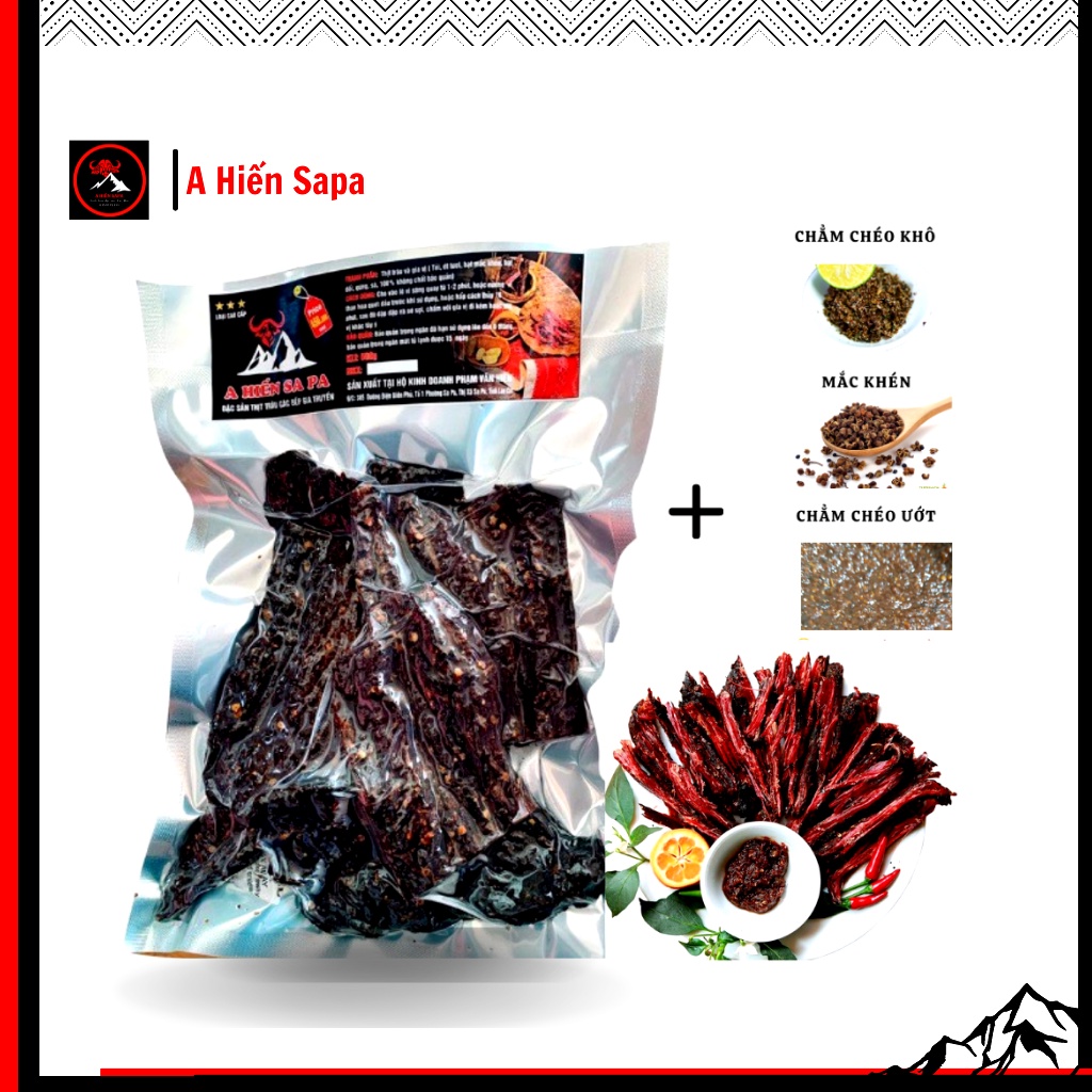 Thịt trâu gác bếp Tây Bắc A Hiến Sapa ngon chuẩn vị, gác bếp từ thịt tươi bằng than củi nhãn, tặng kèm 2 đồ chấm