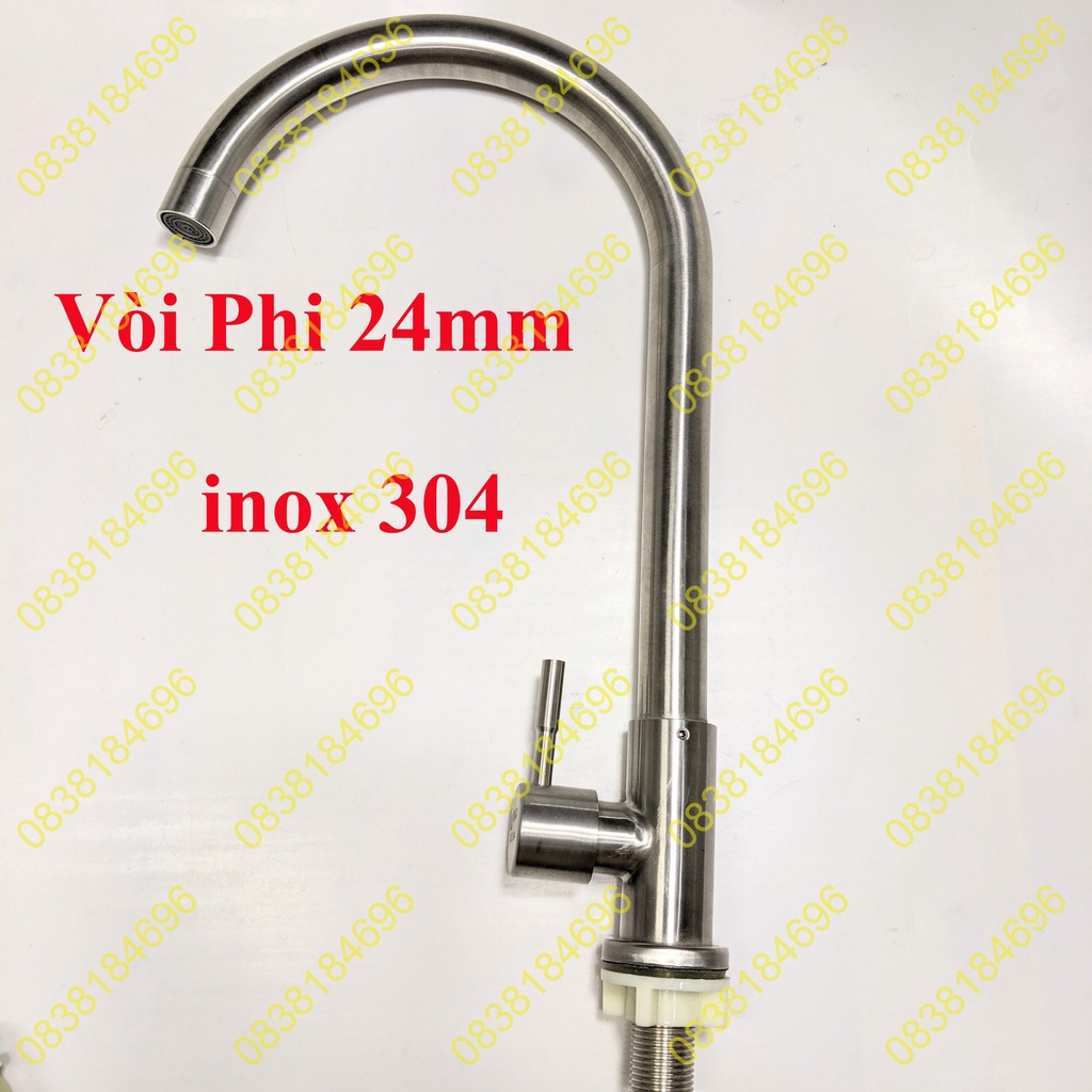 Vòi Rửa Chén Bát Lạnh phi 24mm inox SUS 304, xước mờ ống cong lớn lựa chọn Dây cấp nhựa,inox