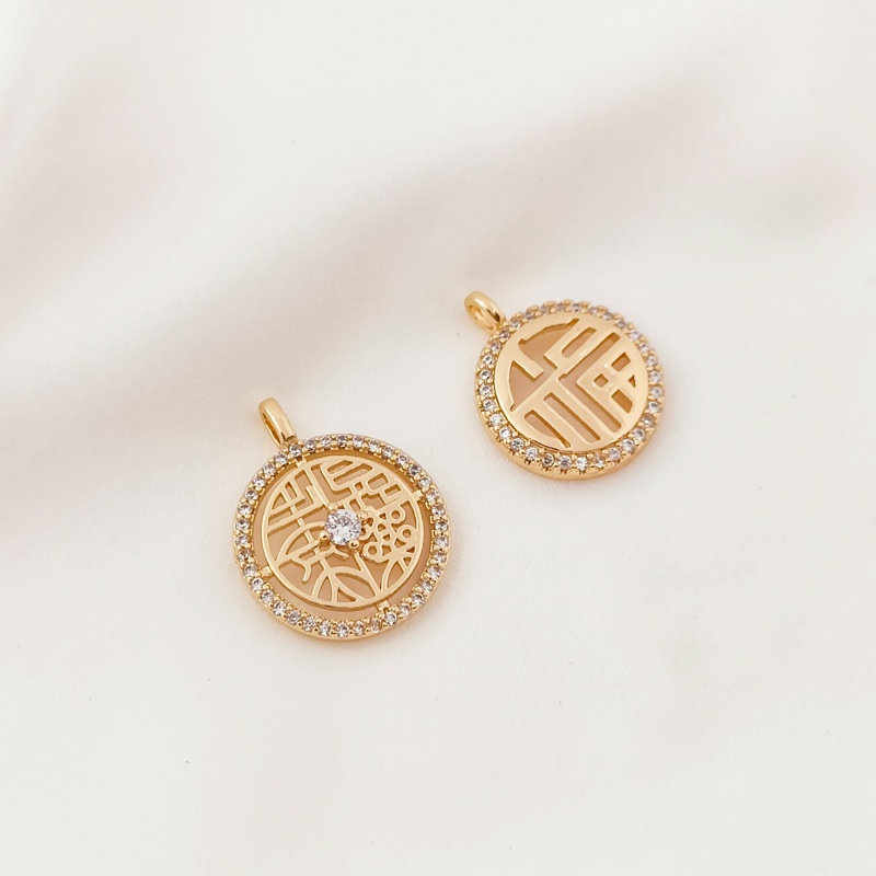 Mặt Dây Chuyền Hình Tròn Rỗng Bằng Đồng 14K Đính Đá Zircon Màu Vàng Đồng Hình Nhân Vật Trung Quốc