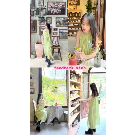 ĐẦM LILY - Đầm Nữ Yếm Cổ Đan, Màu Xanh Cốm, Maxi Đi Biển