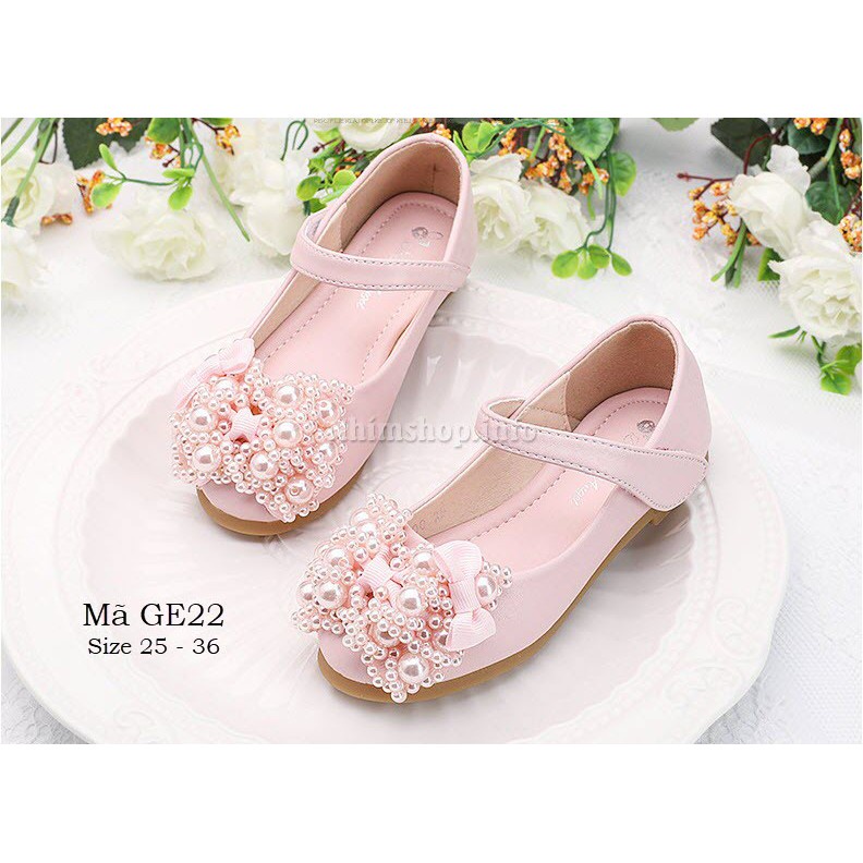 Giày búp bê cho bé gái cao cấp Hàn Quốc gắn nơ mũi tròn đế bệt nữ 2 màu (hồng, trắng) trẻ em 3 - 12 tuổi GE22 ViP