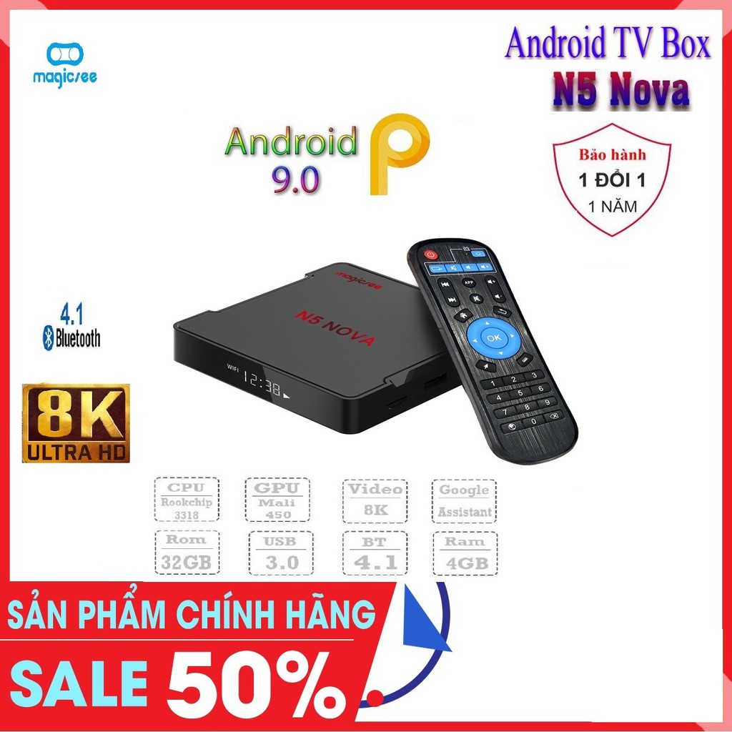 Android Tivi Box Magicsee N5 Nova - Chip RK3318 - Ram 4GB. Rom 32GB, Android 9.0 -Kèm Điều Khiển Voice - Bảo Hành 1 Năm