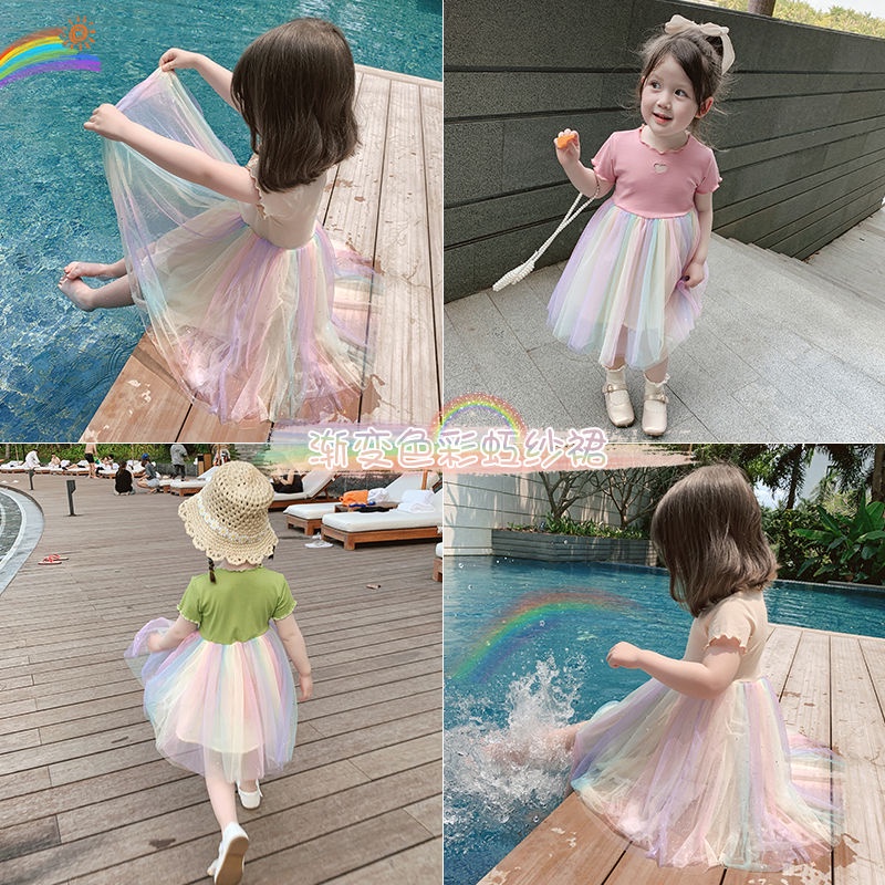 Đầm công chúa vải gạc mỏng màu cầu vồng phong cách phương Tây thời trang mùa hè dành cho bé gái