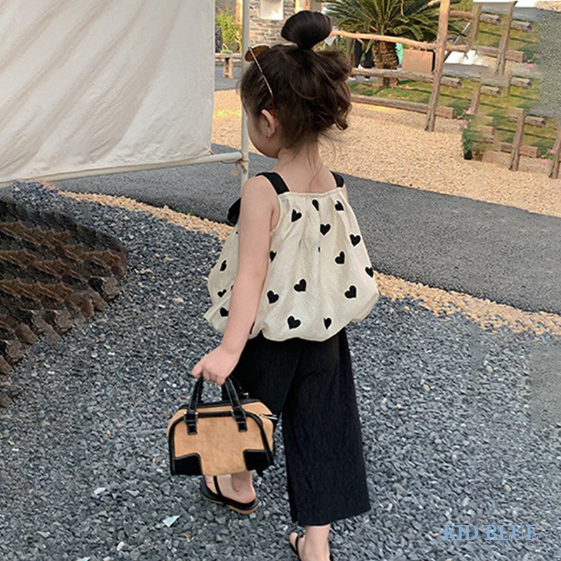 Bộ Áo Đính Nơ Đen + Quần Ống Rộng Thời Trang Mùa Hè Hàn Quốc Cho Bé Gái