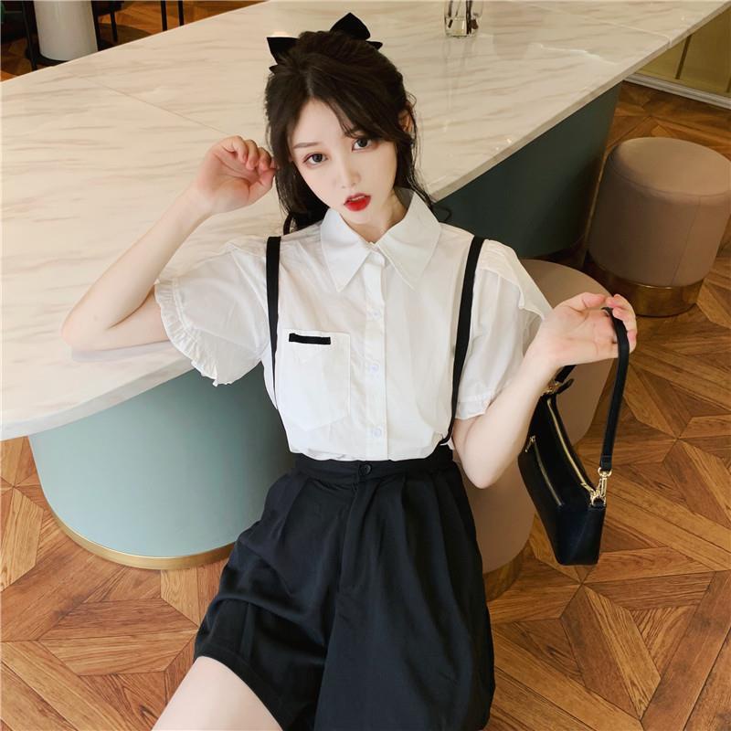 Set Áo Sơ Mi Ngắn Tay + Quần Yếm Ngắn Ống Rộng Thời Trang Cho Nữ