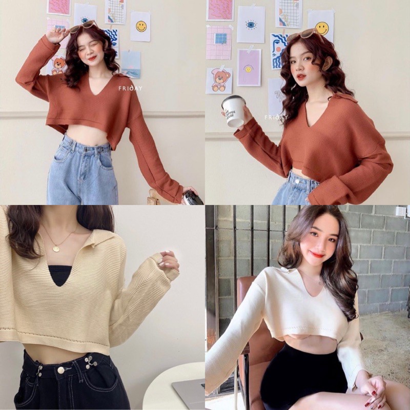 Áo Kiểu SME CROPTOP tay dài form crop trẻ trung khoét cổ V tinh tế quyến rũ full 3 màu | WebRaoVat - webraovat.net.vn