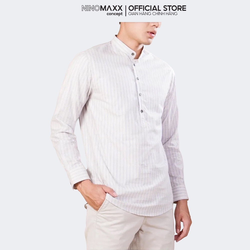Ninomaxx Áo Sơ Mi Nam cổ trụ tay dài sọc dọc chất cotton 1905138