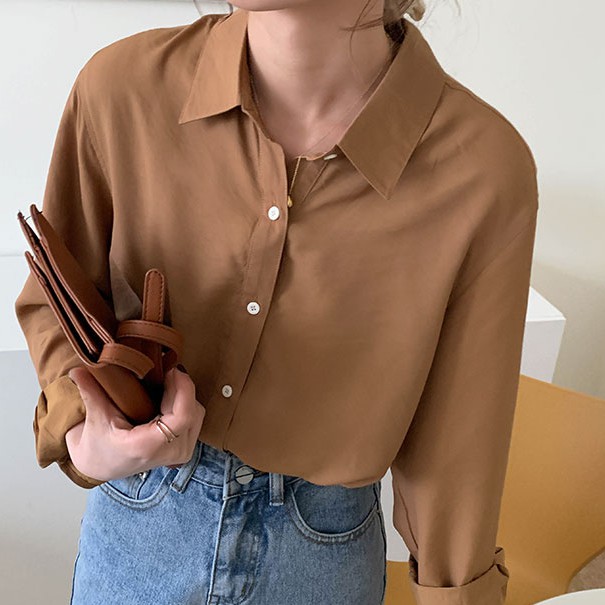 40921 Áo Sơ Mi Dài Tay Màu Trơn Hợp Thời Trang Cho Nữ