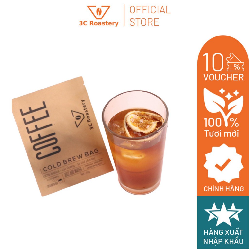 Túi cà phê ColdBrew 3C ROASTERY 100% Arabica Lạc Dương hộp 4 gói khối lượng 120gram kèm đường phèn, chanh vàng sấy khô