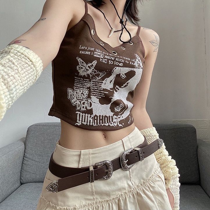Áo Hai Dây Y2k Dáng Ngắn Ôm Sát In Họa Tiết Độc Đáo Phong Cách Mỹ Thời Trang Mùa Hè Cho Nữ