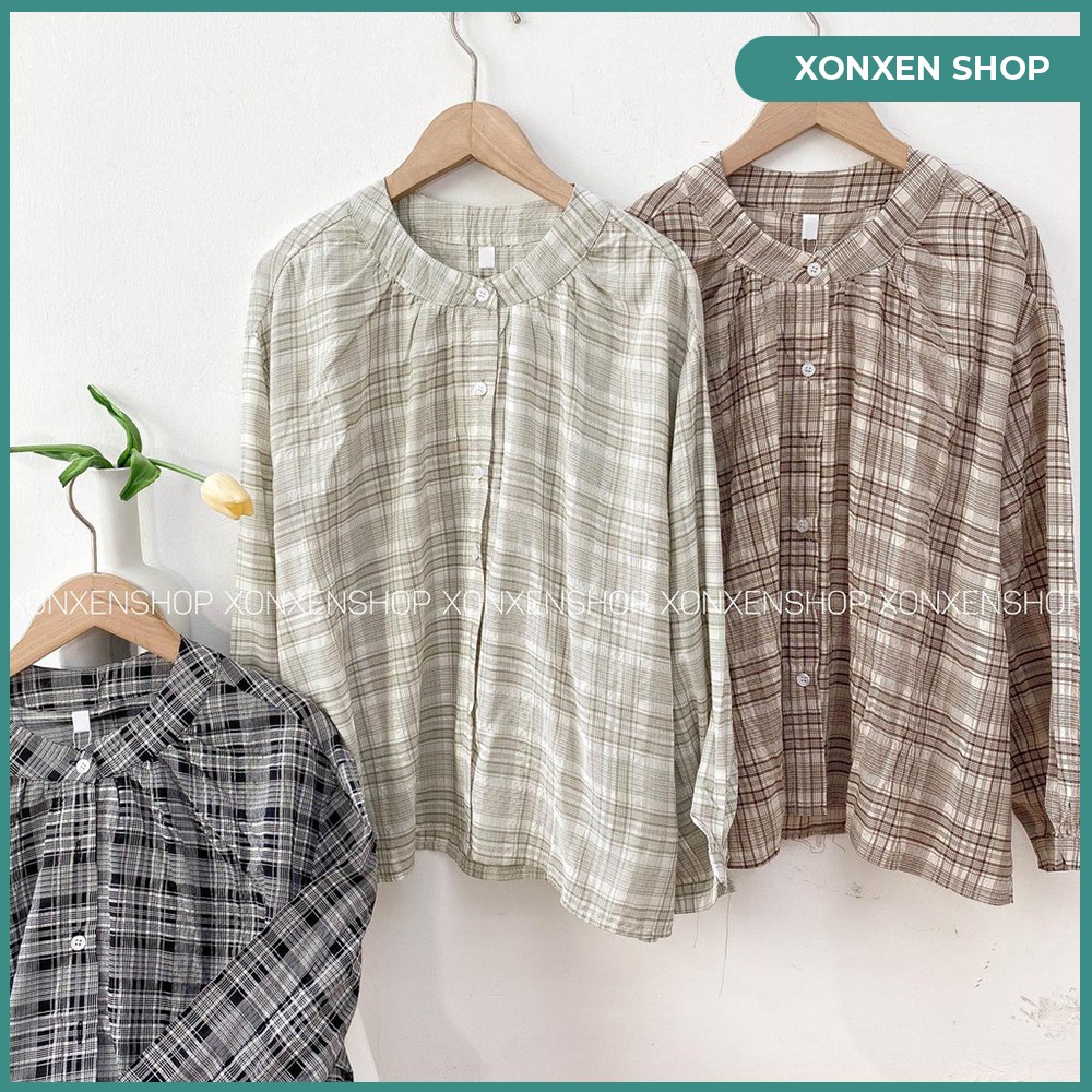 Áo Kiểu Nữ Áo kiểu caro cổ đứng chất vải mềm mịn XONXEN SHOP HUẾ free size M034