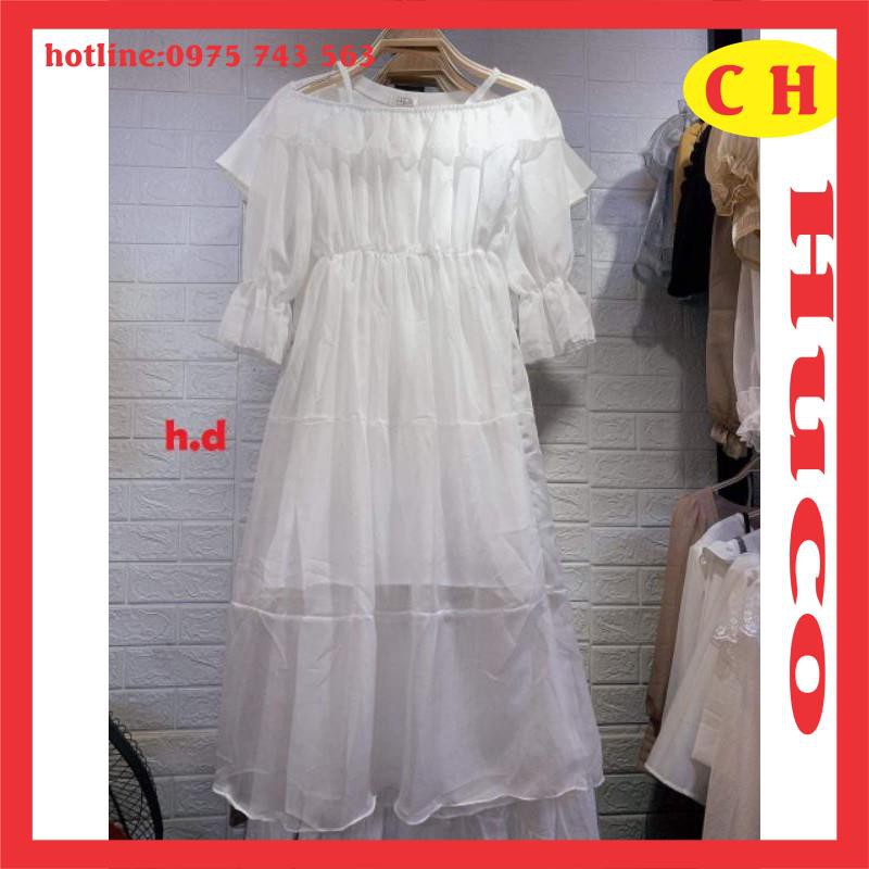váy voan tơ hai dây trễ vai, đầm tiểu thư maxic đi biển có bèo nhún tay lỡ chun nhẹ,váy trắng xòe nhiều tầng hai lớp lót | BigBuy360 - bigbuy360.vn