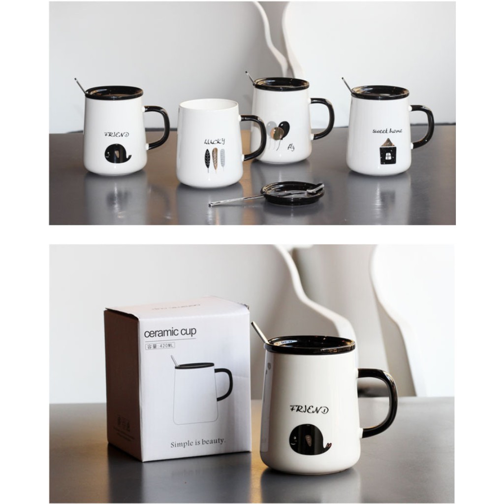 Cốc Uống Cà Phê Bằng Sứ Có Nắp Và Muỗng Phong Cách Bắc Âu Dễ Thương Sáng Tạo Dành Cho Cặp Đôi