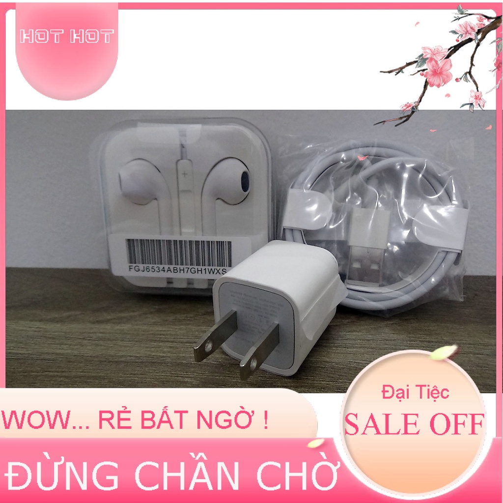 Rẻ vô địch - Combo bộ Sạc và tai nghe dành cho iPhone 5 (củ vuông, cáp màu trắng, tai nghe tặng hộp)