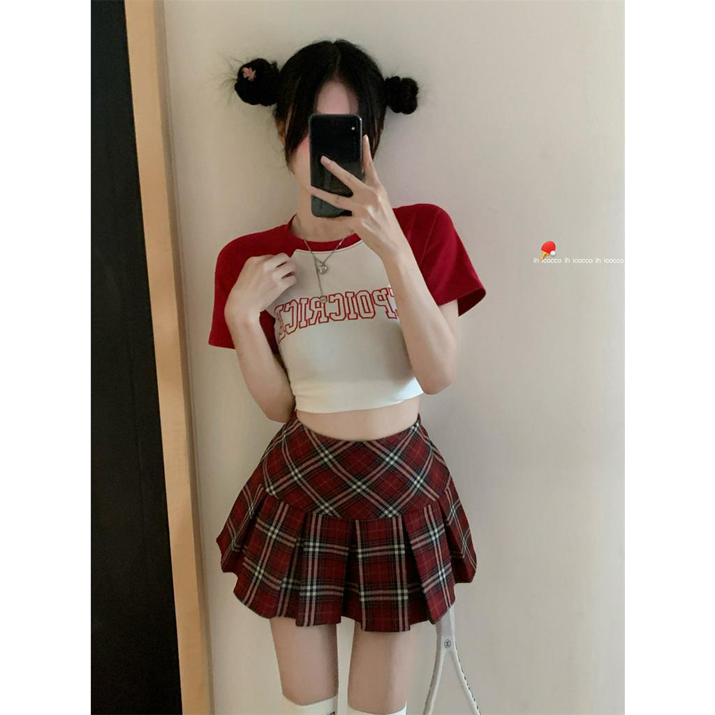 Cocory vn Set Áo Thun Hở Rốn / Chân Váy Xếp Ly Lưng Cao Thời Trang Mùa Hè Cho Nữ