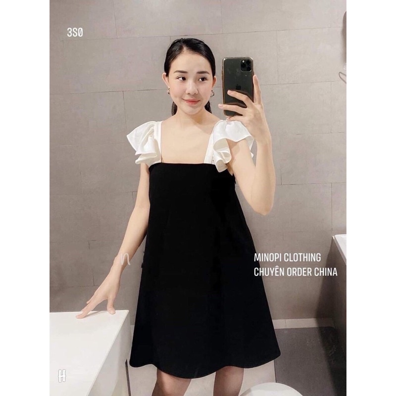 Đầm đen dáng xuông phối tay bèo tiểu thư | BigBuy360 - bigbuy360.vn