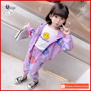 Đồ bộ áo khoác quần dài B44 chất da cá in hoa hàng QC cho bé gái mặc đi chơi dạo phố cực xinh từ 8-20kg