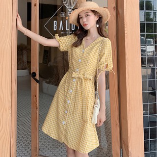  Đầm công sở kẻ ô nhí đi chơi đi tiệc chụp kỷ yếu form dáng xòe caro cổ tim thắt nơ tay màu hồng xanh vàng 