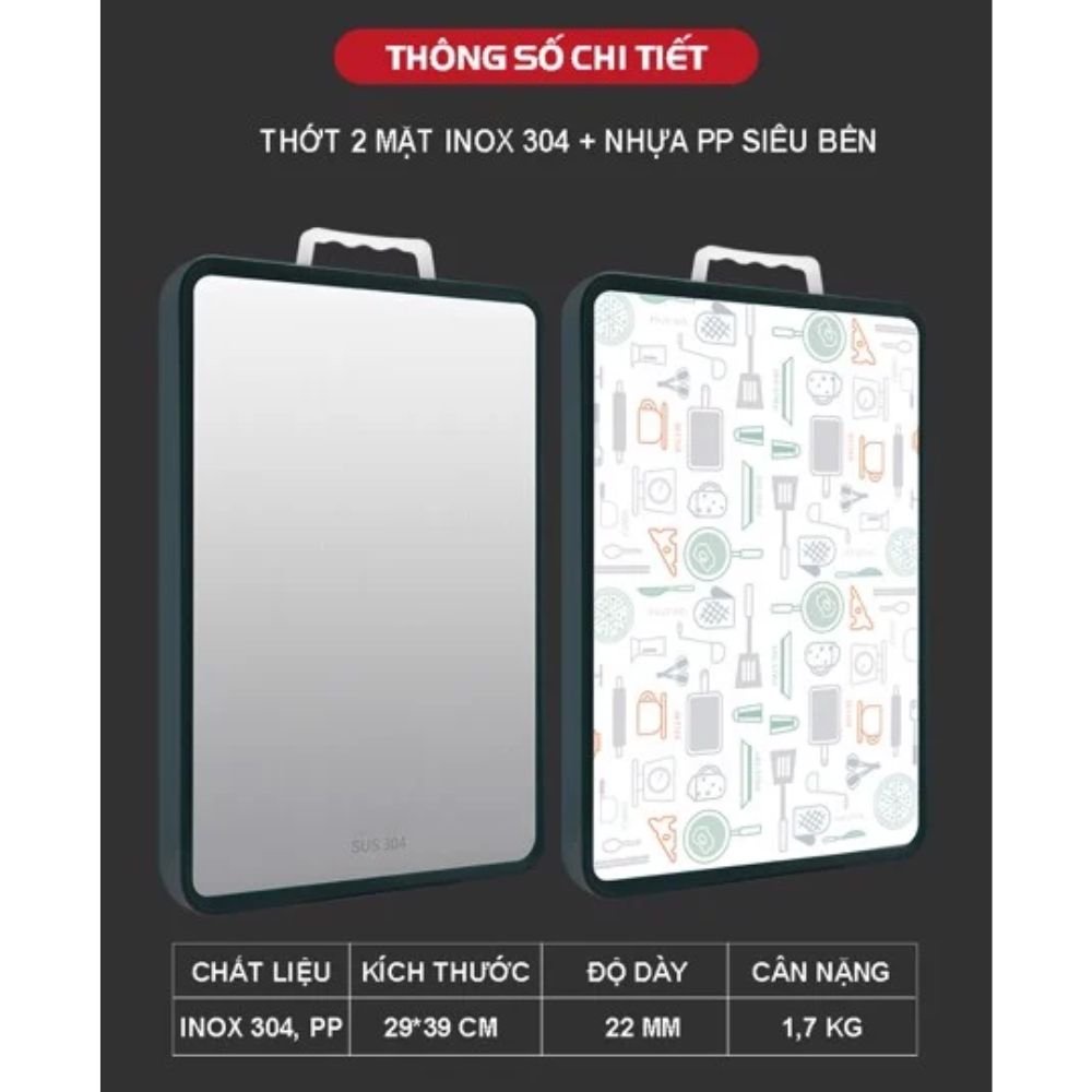 Thớt Inox 304 Masuto Cao Cấp 2 Mặt Kháng Khuẩn Tuyệt Đối, Chống Ẩm Mốc, Rã Đông Nhanh Siêu Bền An Toàn Tuyệt Đối