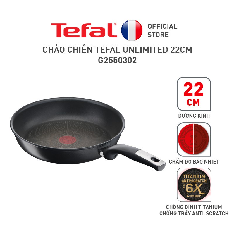 Chảo chiên Tefal Unlimited 22cm G2550302- Sản Xuất Tại Pháp - Hàng Chính Hãng- Phủ Titanium -Báo Nhiệt Thông Minh