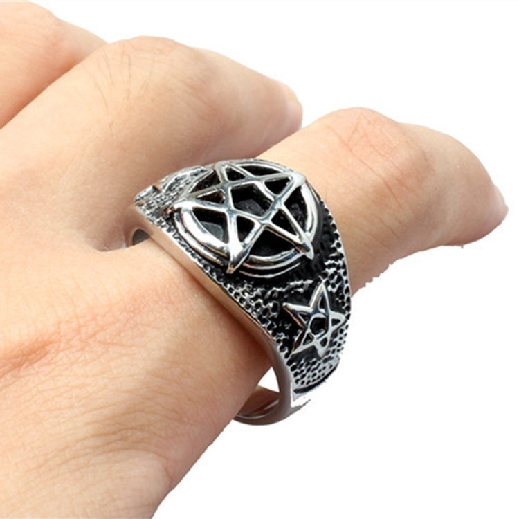Stainless Steel Gothic Punk Satan Inverted Pentagram Satanic Symbol Vintage Biker Star Ring Jewelry