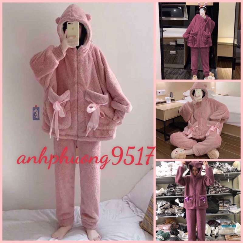 Bộ ngủ nữ lông Nơ Túi Tai Gấuchất lông mịn, ấm áp, giữ nhiệt tốtbộ thu đông mặc nhà☘️Hàng loại 1☘️2 lớpUnisex &lt;50kg