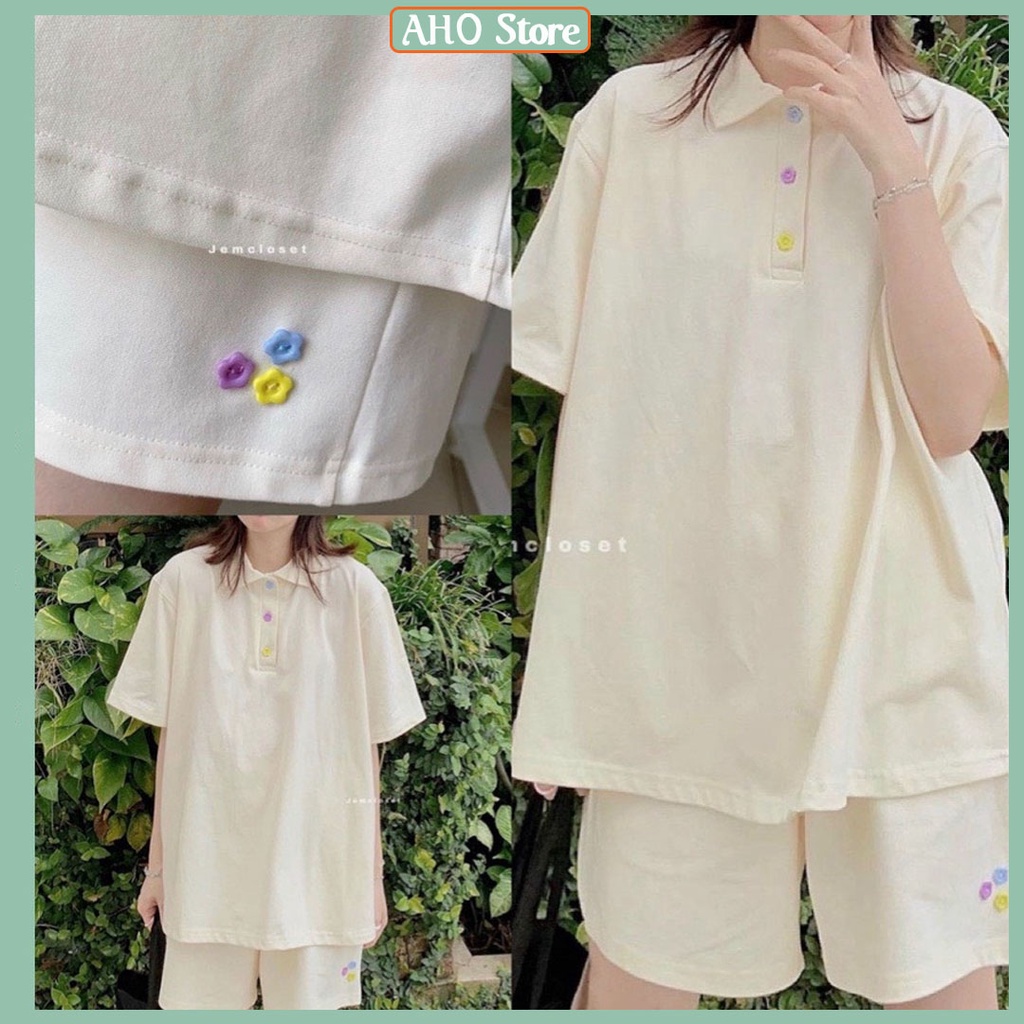 Set Bộ Áo Thun Polo Cổ Sơ Mi 3 Cúc Hoa Tay Lỡ Kèm Quần Đùi Chun Ống Rộng Freesize Form Rộng