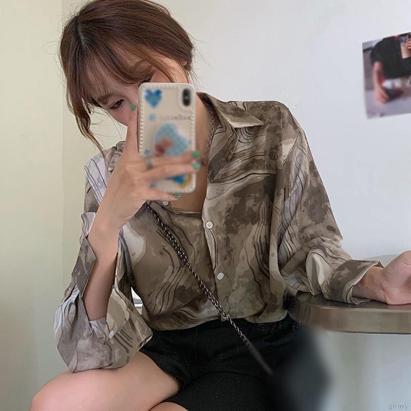 Áo Sơ Mi Nữ Tay Dài Dáng Rộng Họa Tiết Mực In Phong Cách Hàn Quốc Cổ Điển Đáng Yêu
