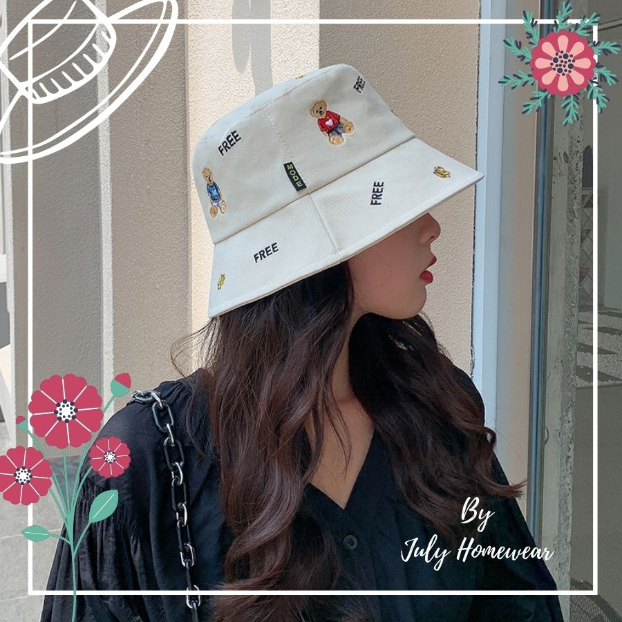 Nón bucket thêu hình gấu nhỏ cute, nón vành cotton dễ thương phong cách Hàn Quốc JULYHOMEWEAR
