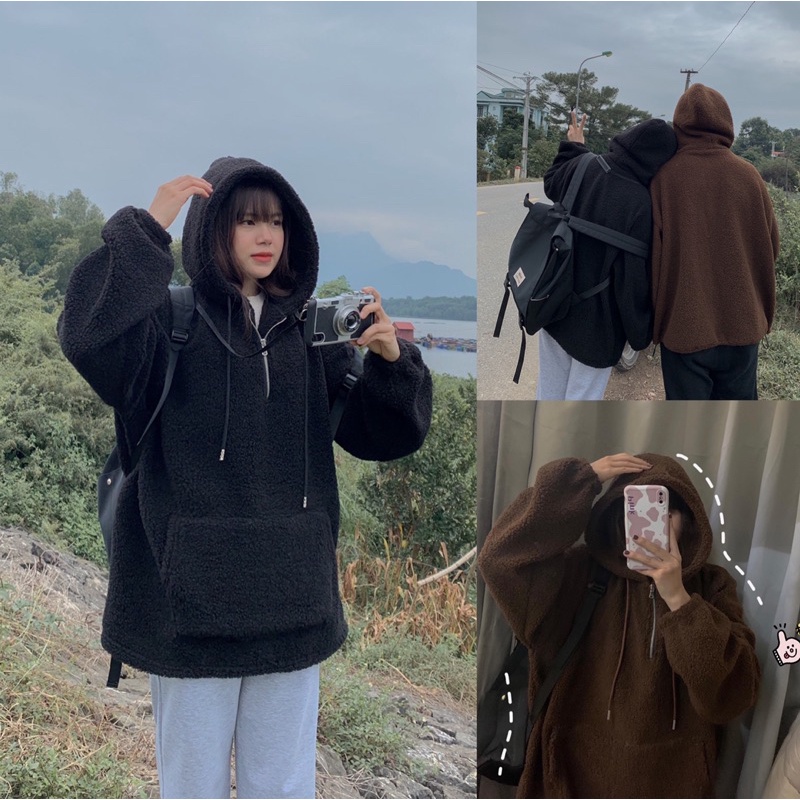 ÁO HOODIE LÔNG CỪU TRƠN COUPLE SIÊU ĐÁNG YÊU FREESIZE
