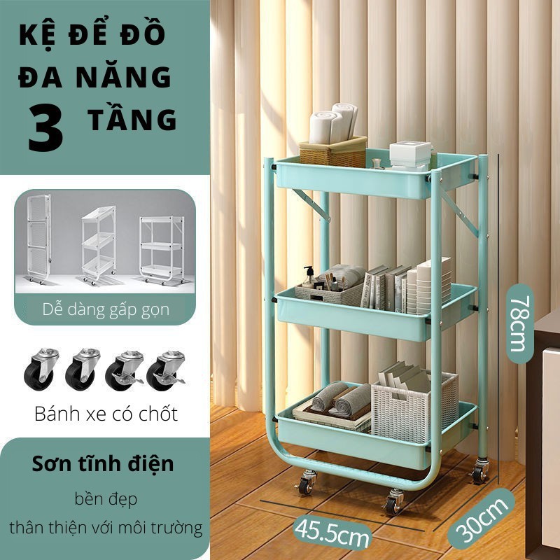 Giá Kệ Để Đồ Đa Năng 3 Tầng Gấp Gọn Di Động,Kệ spa có bánh xe bằng sắt sơn tĩnh điện bền đẹp,Kệ đựng đồ nhà bếp, nhà tắm