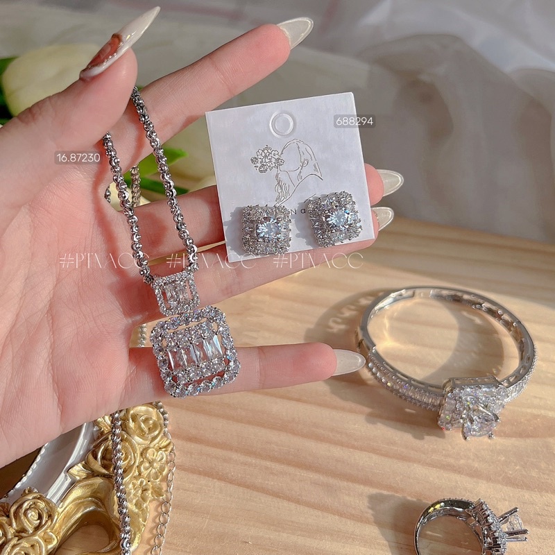 Set trang sức, bộ bông tai, dây chuyền, vòng tay, nhẫn xi bạch kim đá vuông đính full paguet .PTNACC.