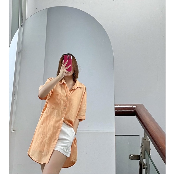 Áo sơ mi tay ngắn màu cam pastel form rộng phong cách hàn quốc chất linen mát thoáng