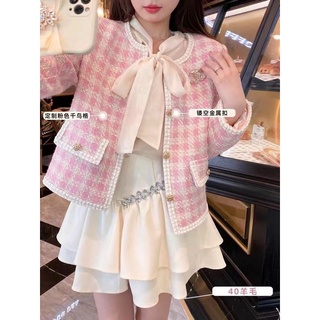 Áo dạ Tweed kẻ hồng hàng Quảng Châu loại 1