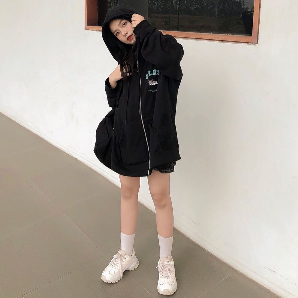 Áo Khoác Hoodie Nỉ Form Rộng (Free Shipping) Áo Khoác Nỉ Ulzzang Nữ Xanh Đen 735